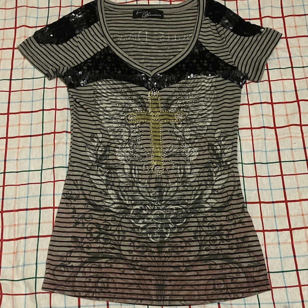 Angels & Diamonds, Striped Tee with Black Sequin Accents, Size Medium
